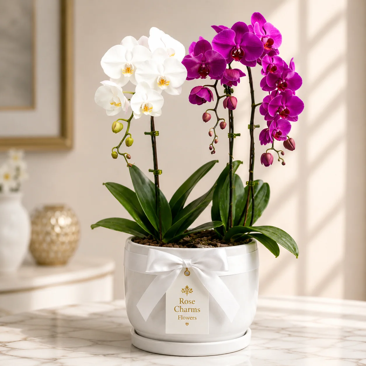 White and purple Phalaenopsis orchid plant with elegant blooms in stylish pot